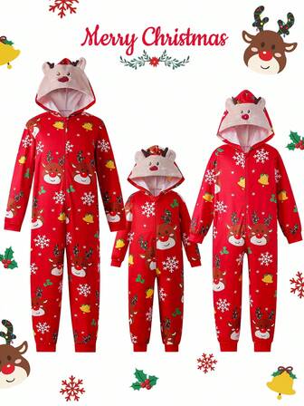 Men's Red Christmas Graphic Long Sleeve Hooded Jumpsuit Loungewear Christmas Family Pajamas Hooded Pajamas, For Fall, Winter