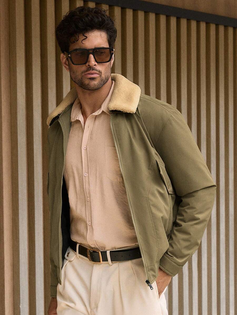 HIMLAND Men's Casual Minimalist Fur Collar Jacket, Autumn/Winter 70s Men Cashmere Beige Outerwear - Brown - View 1