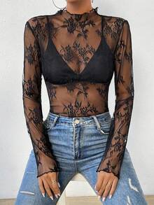 Glyssa Women's Floral Lace Collar Long Sleeve Sheer Sexy Fashion Blouse - Black - View 3