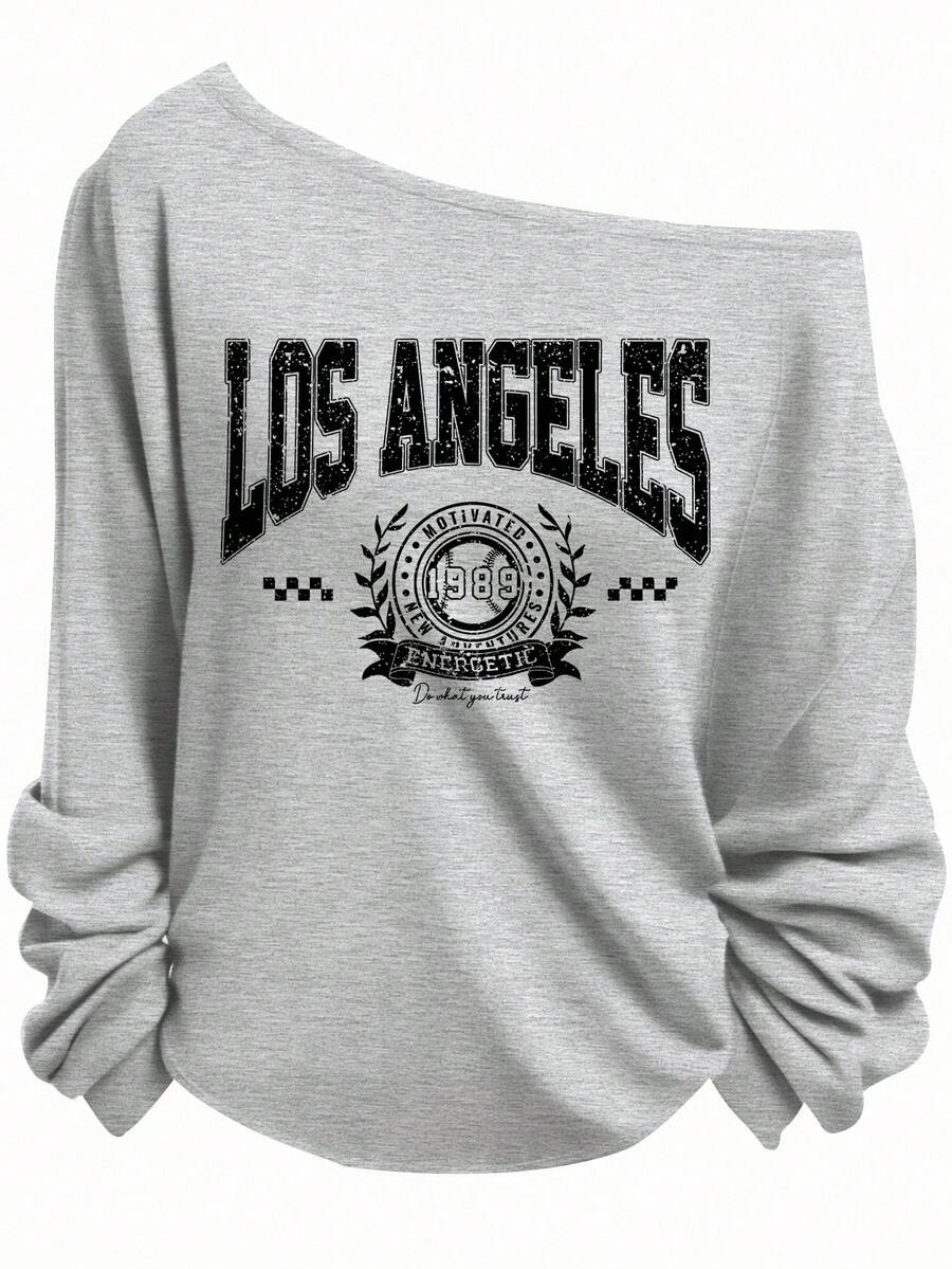 SHEIN EZwear Casual College Style Light Gray California Graphic Loose Asymmetrical Shoulder Thick Sweatshirt, Suitable For Fall/Winter - Light Grey - View 1