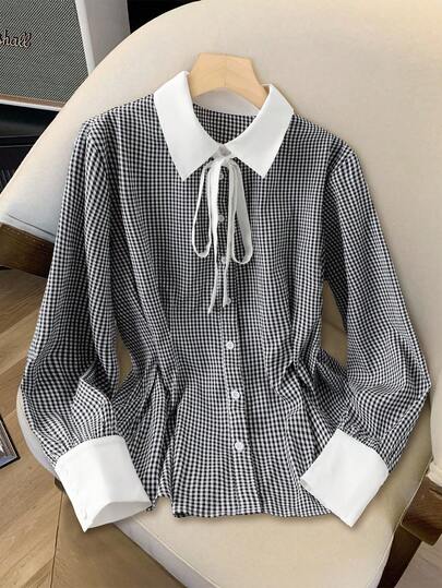 GlowEve CURVE 大码女式前系带长袖格子单排扣褶皱衬衫