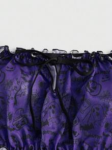 ROMWE Goth 哥特式黑暗万圣节网眼蝙蝠与幽灵印花露肩系带开裆内衣套装