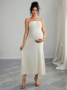 SHEIN 孕妇纯色抹胸毛衣裙 - 米色 - 查看 4