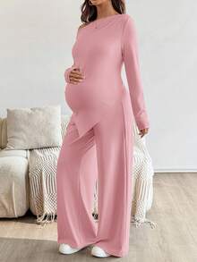 SHEIN 2 件孕妇休闲纯色不对称上衣和裤子套装孕妇装 2 件孕妇套装女士产后衣服孕妇装 - 粉色 - 查看 6