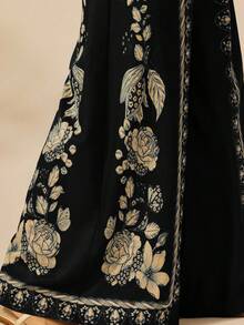 CAJUNI 女式波西米亚风热带植物印花阔腿裤，夏季休闲度假海滩阔腿裤 - 黑色 - 查看 6