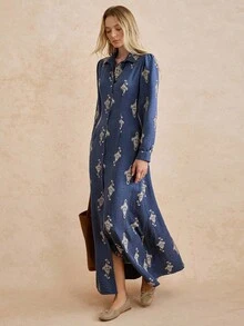 Écloséra Women's Fashion French Retro High-End High-Quality Blue Textured Fabric Full-Length Print Waist Umbrella Skirt Hem Long Sleeve Button-Down Lapel Shirt Dress Straight Shoulder Long Women's Dresswinter Dress Women Fall Dresses For Women Wedding Guest Dress Casual Dresses For Women Luxury Evening Dresses For Women Vestidowinter Winter Clothes Winter Clothes For Women Women's Winter Clothes  Fall Clothes For Women Autumn Fall Autumn Clothes Fall Outfits For Women New Year New Year Outfit New Year Women Thanksgiving Party Wedding Elegant  Casual Luxury Elegant Fashionable Casual Commuting Business Office Daily Leisure All-Match Temperament Urban Teacher Professional Attire - Navy Blue - View 6