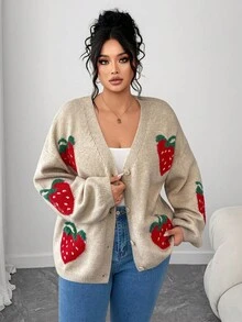 Elenzga 大码女式厚针织宽松V领草莓提花纽扣休闲百搭开衫，冬季 - 卡其色 - 查看 1