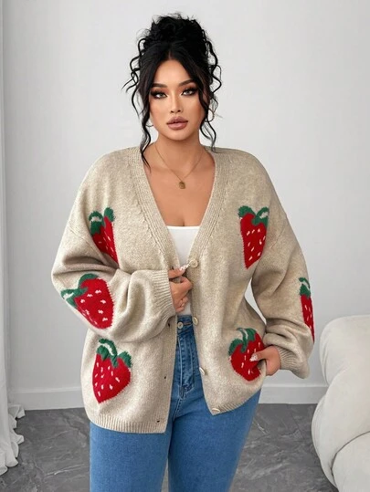 Elenzga 大码女式厚针织宽松V领草莓提花纽扣休闲百搭开衫，冬季