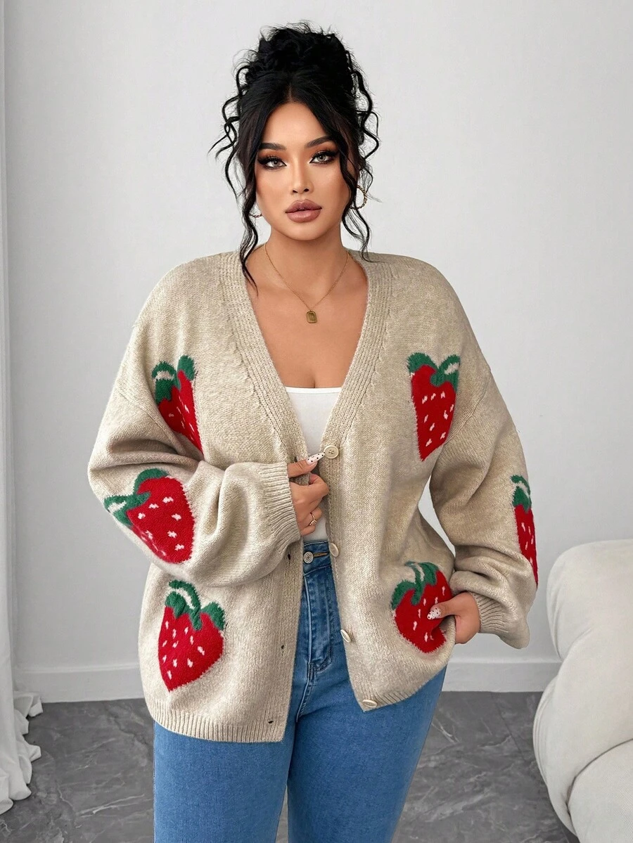 Elenzga 大码女式厚针织宽松V领草莓提花纽扣休闲百搭开衫，冬季 - 卡其色 - 查看 1