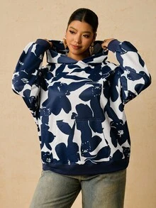 SHEIN VCAY sweat-shirt à capuche imprimé silhouette florale bleu et blanc grande taille pour femmes, pull ample à manches longues pour l'automne/l'hiver