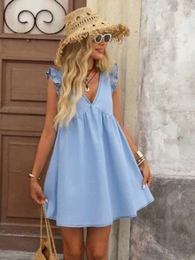 Brillora Váy ngắn cổ chữ V denim giản dị cho nữ, váy xanh cho nữ trang phục mùa hè cho nữ váy mùa hè cho nữ trang phục đi nghỉ trang phục đi biển cho nữ váy suông trang phục hòa nhạc cho phụ nữ quần áo phụ nữ boho - Rửa nhẹ - Xem 7