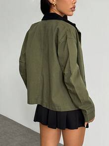 SHEIN Unity Áo khoác denim thường ngày có túi cổ khóa kéo màu tương phản mùa thu dành cho nữ Y2K - màu xanh lá - Xem 2