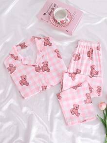2pcs Women Casual Bear Print Long Sleeve Top And Pants Loungewear Set, Fall Winter Clothes Teddy Bear Pajama Set Pajama Sets - Pink - View 4