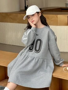DAZY 青少年女孩休闲日常通勤数字和字母印花宽松罩衫连衣裙，春秋季 - 灰色 - 查看 9