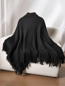 CosyJoli Áo len Poncho cổ cao tua rua cỡ lớn không đối xứng dành cho mùa thu đông dành cho nữ - màu đen - Xem 2