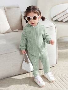 SHEIN Baby Girl Casual Solid Color Hoodie Top And Pants Set, Autumn - Green - View 4