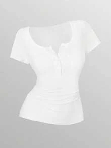 INAWLY 女士纯色纽扣式短袖休闲 T 恤，夏季 - 彩色 - 查看 4