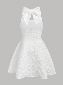 Girlism Tween Girls White Jacquard Halter Bow Elegant Dress - White - View 2