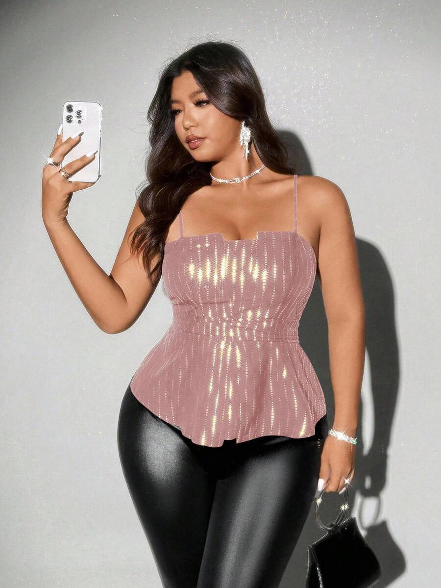 Viva Relle 大码女式优雅通勤金属亮片面料收腰吊带背心，适合春、夏、秋、冬四季穿着，也适合派对、毕业典礼、舞会、外出、新年等场合，粉色系百搭时尚都市休闲风，性感约会之夜、新年派对皆宜 - 粉色 - 查看 1