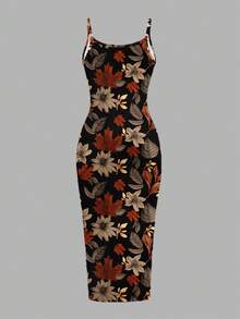 Veykashi Plus Size Vintage Elegant Maple Leaf Print Casual Dress, Suitable For Party, Thanksgiving - Multicolor - View 3
