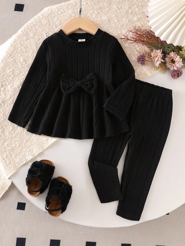 2pcs Baby Girls' Knitted Ribbed Long Sleeve Waist Cinched Long T-Shirt And Pants Set, Casual Daily Outfit For Autumn Fall Winter