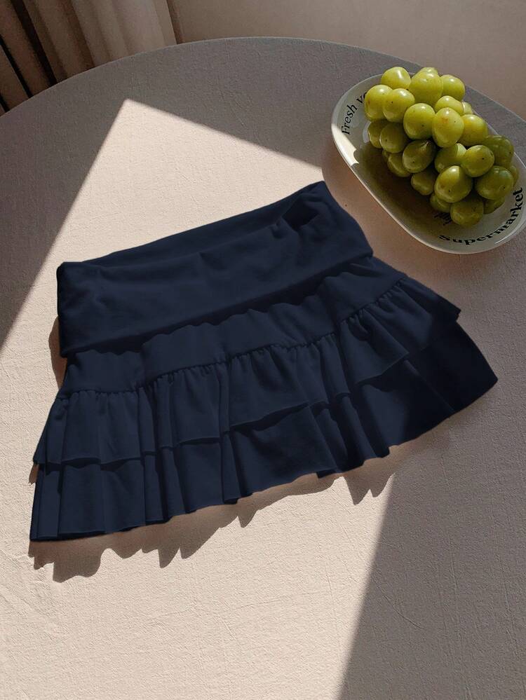 Comfortcana Plain Navy Blue Knitted Fabric Mini Skirt With Ruffled Tiered Layers For Women Dark Blue Skirt Ruffled Skirt Navy Skirt Swim Suit Skirt