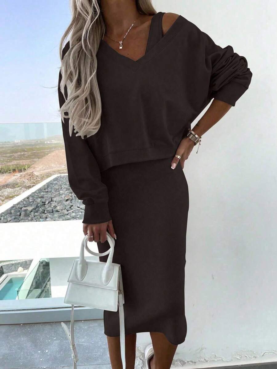 INAWLY Women's Solid Color V-Neck Long Sleeve Sweatshirt And Sleeveless Dress Casual 2-Piece Set, Autumn