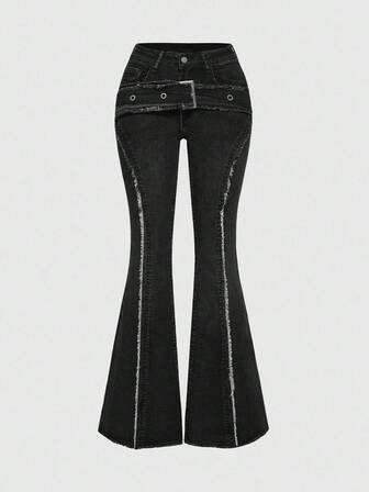 Grunge Punk Y2K Retro abgenutzte fransenbesetzte Slim Fit Schlagjeans für Frauen mit Tascheneinsatz