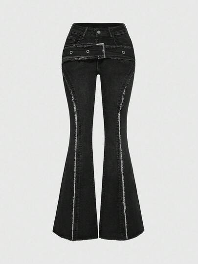 Grunge Punk Y2K Retro Distressed Fringed Pocket Detail Slim Fit Flared Women Jeans