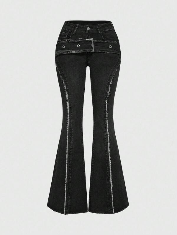 ROMWE Grunge Punk Y2K Retro Distressed Fringed Pocket Detail Slim Fit Flared Women Jeans