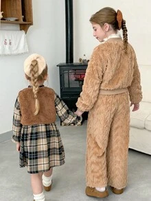 LMoss Kids LMoss  2pcs Tween Girls Solid Color Knit Fleece Casual Jacket And Pants Set Teen Girl Brown Set Tween Matching Set Knit Young Girl Warm Furry Vest Set,Christmas,Styles Confortables D'automne&Hiver,Gemütliche Herbst- & Winterstile,Cozy Fall & Winter Styles