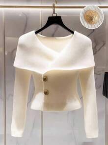 Franclia Women's Simple And Fashionable Cross-Lapel Minimalist Fashion Cross V-Neck Solid Color Straight Shoulder Long Sleeve Metal Button Slim Fit Plus Size Knitted Vintage Elastic Collar Sweaters Chic Cardigan Casual Business Office Elegant Tops, Spring Fall Winter