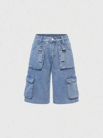 Grunge Punk Pantalones capri casuales de unicolor con botones y bolsillos, verano