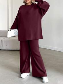 EURMUSE Plus Size Solid Color Long Sleeve Sweatshirt Set With Hoodie & Pants - Burgundy - View 5