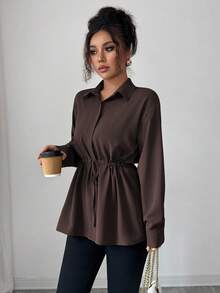 Elenzga Women's Elegant French Office Commute Street Style Utility Shirt, Featuring Shirt Collar, Front Placket, Waist Drawstring, Bowknot Long Sleeve Blouse, Suitable For Spring, Autumn And Winter - Chocolate Brown - View 6