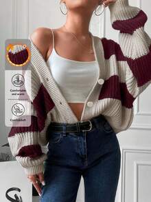 SHEIN Women's Striped Drop Shoulder Long Sleeve Single-Breasted Casual Loose Cardigan