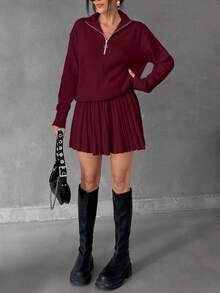EURMUSE Women Solid Color Zipper Neck Drop Shoulder Pullover & Sweater Skirt Set - Burgundy - View 3