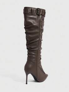 CUCCOO SZL Women's Pointed Toe Stiletto Heels, Gray Buckle Decor, Pleated Gray PU Fabric, Fashion Comfortable Daily Party Wear Side Zipper Boots - Grey - View 8