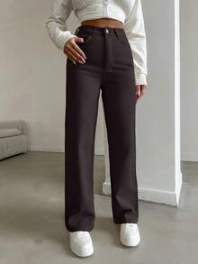 EURMUSE 100%Cotton HIGH RISE BEIGE WIDE LEG PETITE SIZE JEAN - Dark Grey - View 3