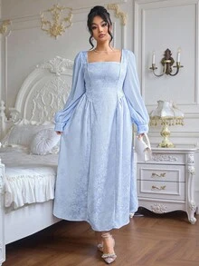 Roveilla 大码优雅法式提花雪纺拼接连衣裙，适合派对、春秋季穿着 - 藍色 - 查看 6