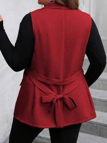 SHEIN Clasi 秋季大码女式纯色翻领无袖休闲西装外套 - 酒紅色 - 查看 2