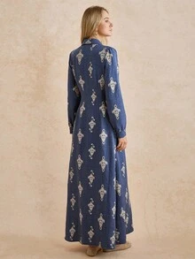 Écloséra Women's Fashion French Retro High-End High-Quality Blue Textured Fabric Full-Length Print Waist Umbrella Skirt Hem Long Sleeve Button-Down Lapel Shirt Dress Straight Shoulder Long Women's Dresswinter Dress Women Fall Dresses For Women Wedding Guest Dress Casual Dresses For Women Luxury Evening Dresses For Women Vestidowinter Winter Clothes Winter Clothes For Women Women's Winter Clothes  Fall Clothes For Women Autumn Fall Autumn Clothes Fall Outfits For Women New Year New Year Outfit New Year Women Thanksgiving Party Wedding Elegant  Casual Luxury Elegant Fashionable Casual Commuting Business Office Daily Leisure All-Match Temperament Urban Teacher Professional Attire - Navy Blue - View 2