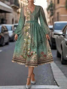 SHEIN Clasi 女士绿色复古印花V领长袖连衣裙，适合秋冬季 - 彩色 - 查看 5