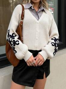 SHEIN MOD Damen V-Ausschnitt Laternärmel Strick Lässig Cardigan mit Knopfverschluss vorne