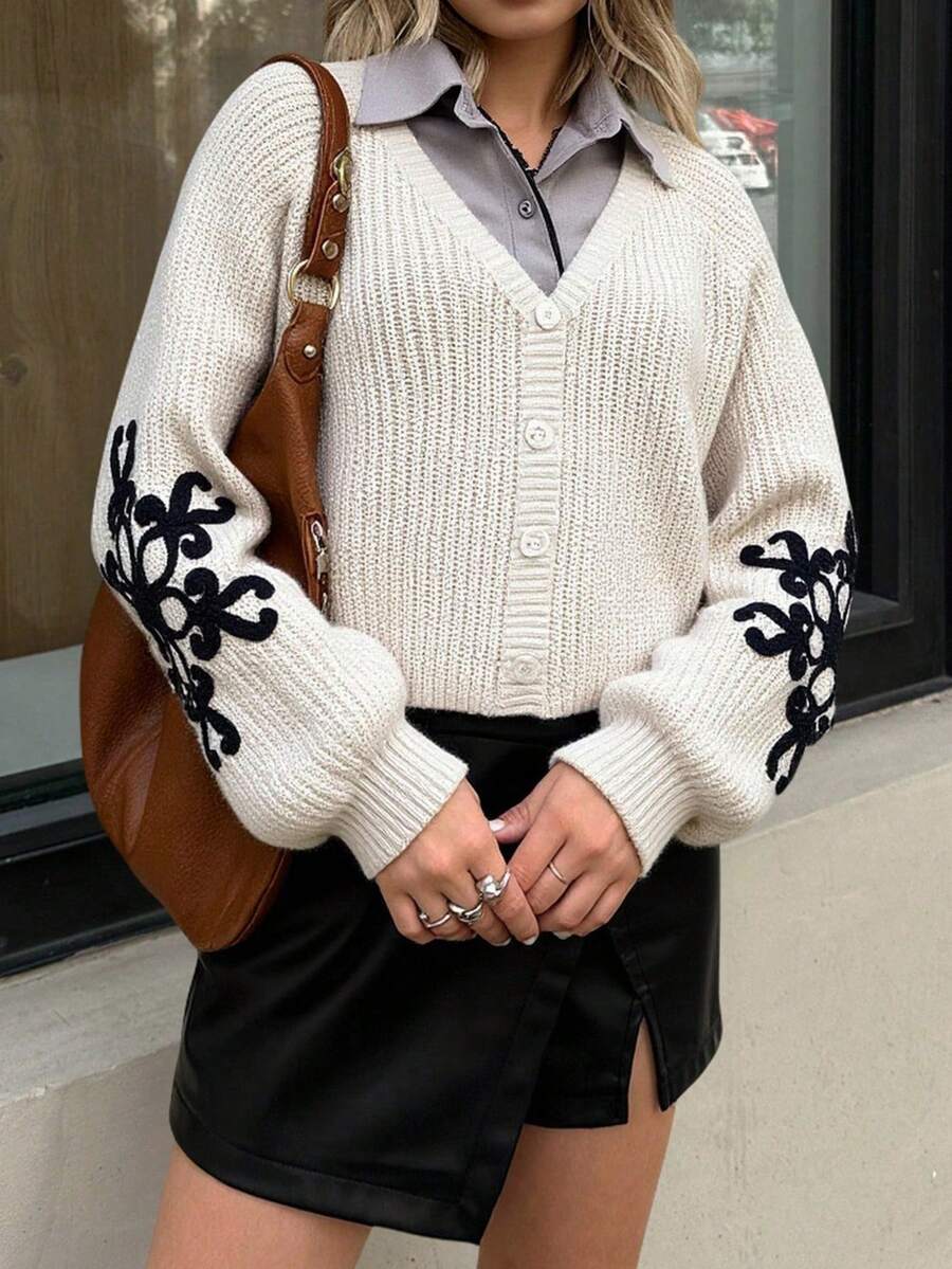 SHEIN MOD Damen V-Ausschnitt Laternärmel Strick Lässig Cardigan mit Knopfverschluss vorne