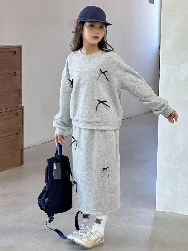 2pcs/Set Tween Girls Crew Neck Knit Bow Decor Fleece Sweatshirt + Skirt Outfit, Fall,Winter