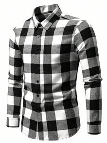Manfinity Homme Men's Casual Plaid Long Sleeve Shirt, Autumn Checkered Shirt Men Men Button Up Shirt Design Mens Plaid Button Up - Black and White - View 4