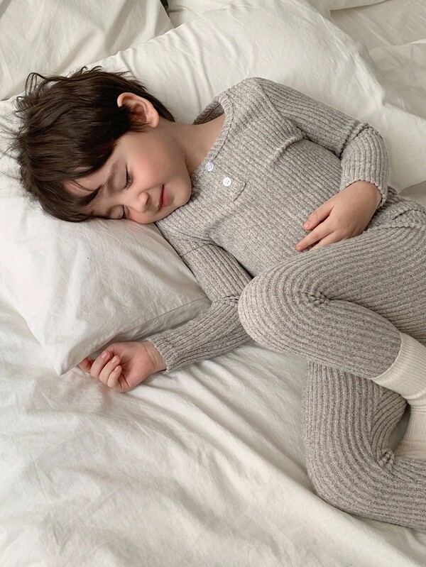 DAZY Young Boy Ribbed Solid Color Crew Neck Long Sleeve Top And Pants Pajama Set