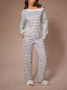 Lazeform Striped Print Casual Asymmetric Neck Women Lounge Set Fall Winter Clothes - Apricot - View 6