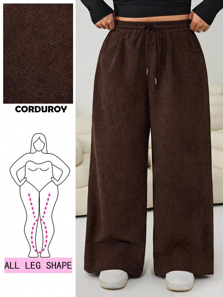 Solflare Relaxed Fit Coffee Brown Corduroy Wide Leg Plus Size Long Pants With Drawstring Waist And Pockets Comfy Pants Brown Pants Corduroy Pants Wide Pants Loose Pants